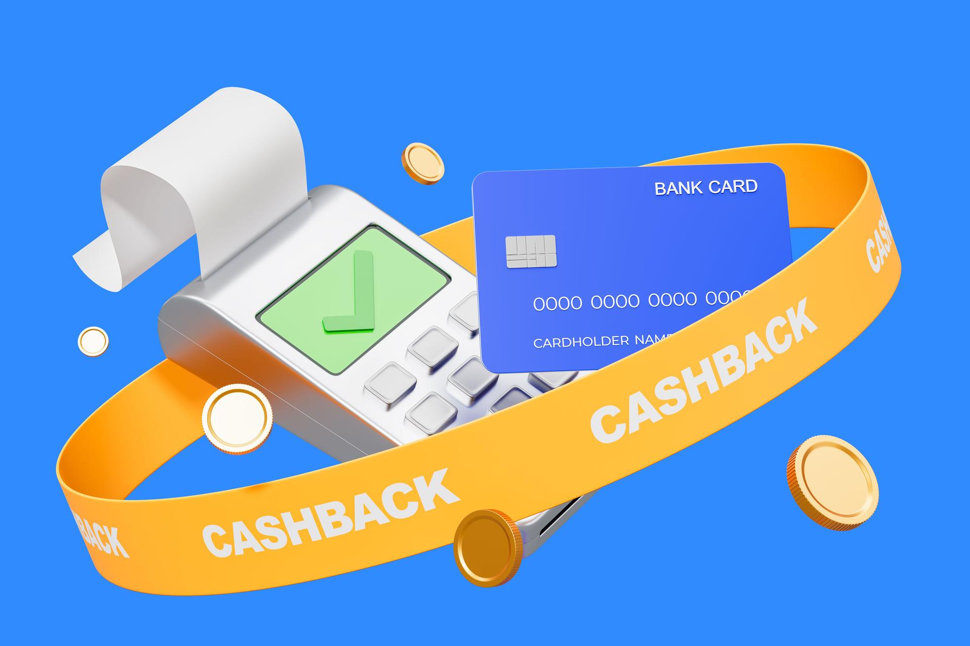 Cashback concept showcasing a payment terminal, credit card, coins, and yellow ribbon on blue background. 3D Rendering