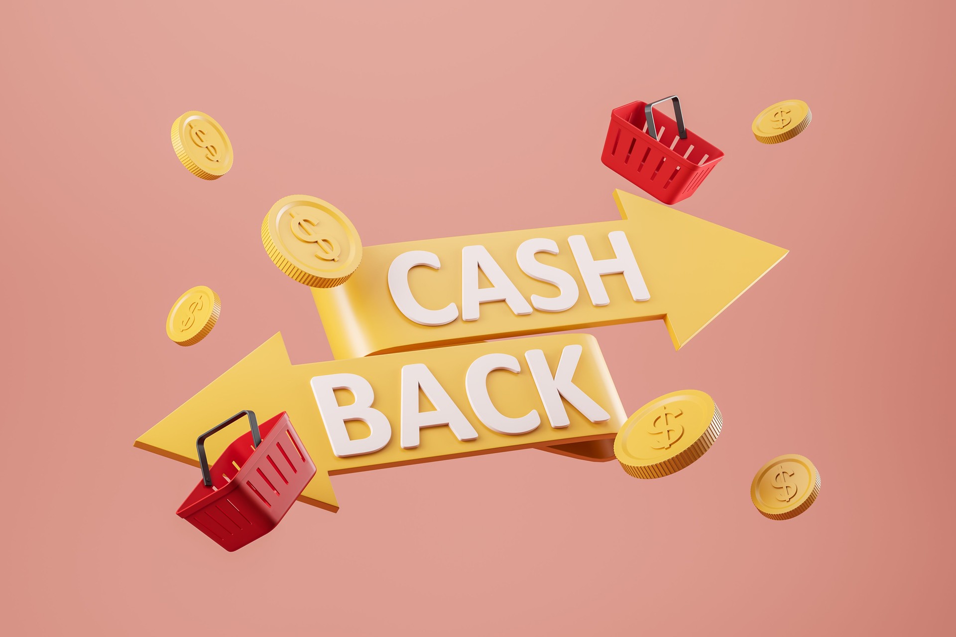 Baskets and coins on bright background, online payment and cashback