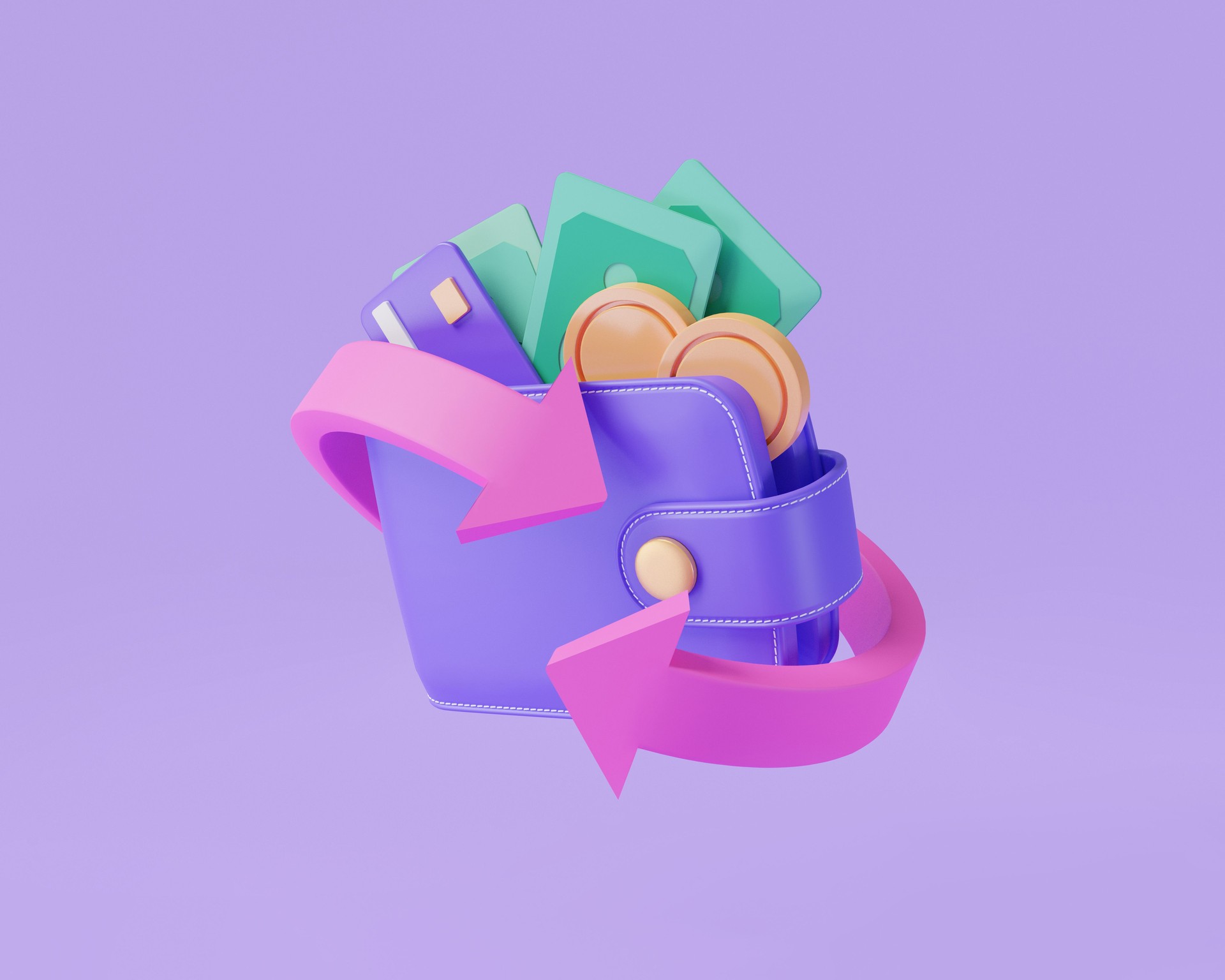 Wallet with cashback icon concept. money transfer, online payment, Cashback and refund money, digital payment. wallet, credit card, coin and banknote. minimal cartoon style. 3d render illustration
