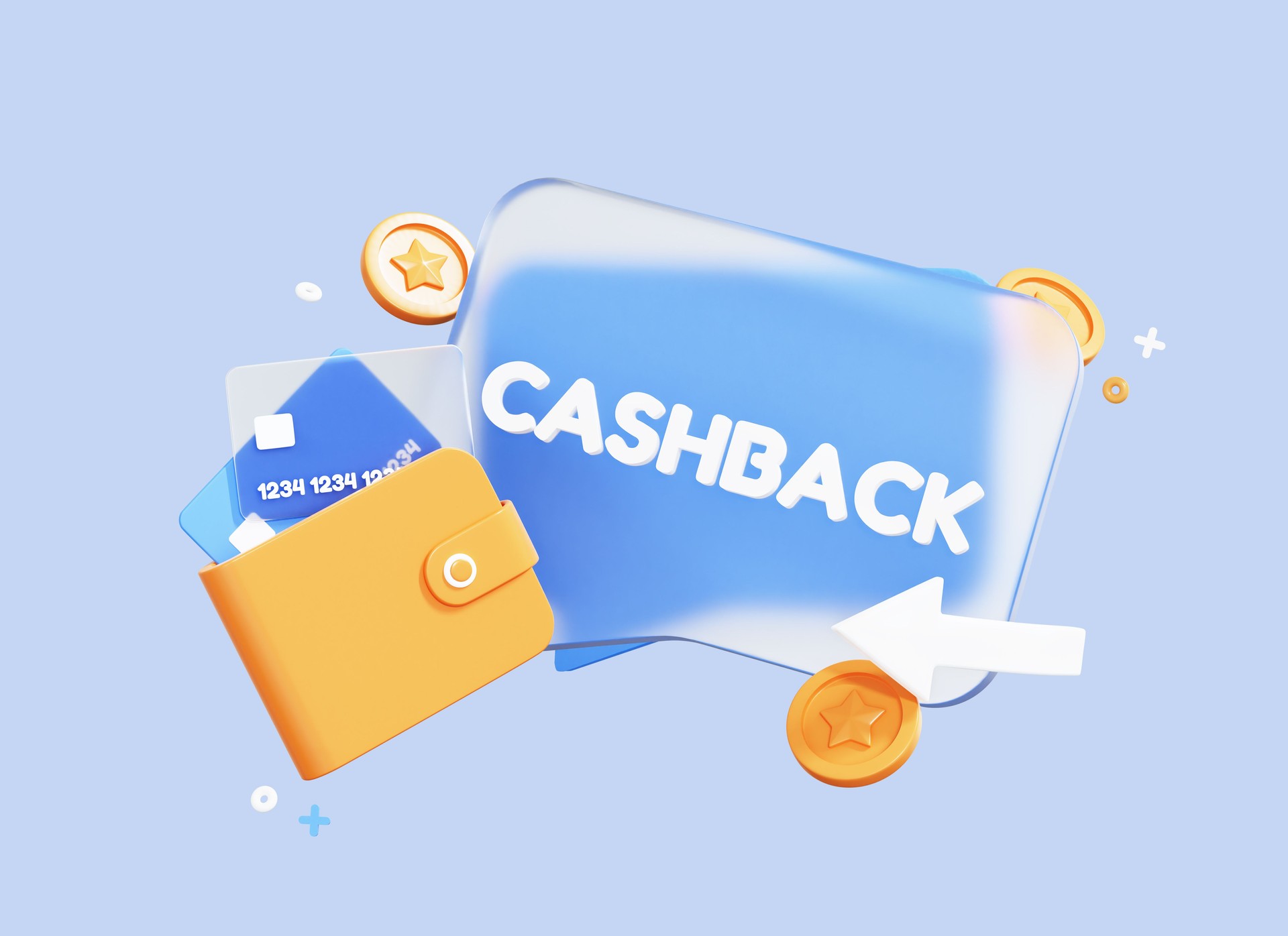 3D Cashback loyalty program concept. Wallet with credit card and coin. Refund money. Online shopping with cash back offer. Purchase Bonus. Creative design banner for promotion. 3D Rendering